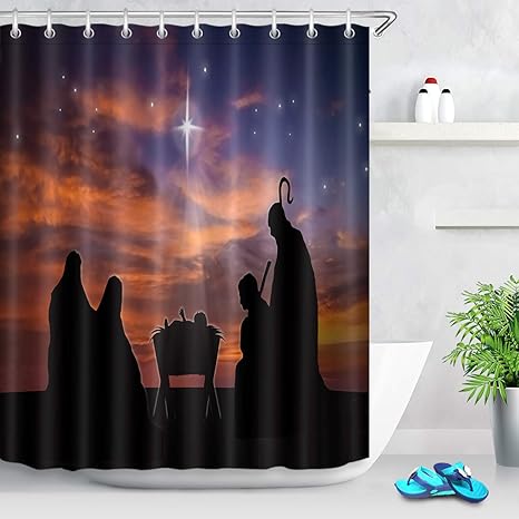 Lb Christmas Shower Curtain 71x78 Inch Nativity Of Jesus Star