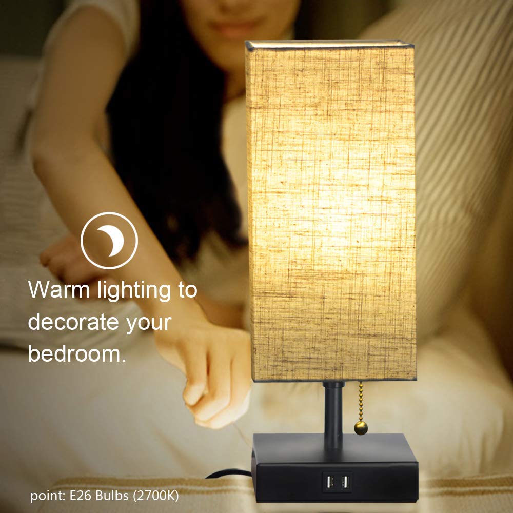 Dual USB Table Desk Lamp, Bedside Nightstand Lamp, Fabric Unique Lampshde,Convenient Pull Chain for Bedroom Living Room(Pack of 2) TY-801
