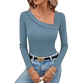 LOLONG Womens Long Sleeve Shirts Fall 2025 Asymmetrical Neck Slim Fitted Tee Tops