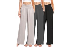 Kivdol 3 Pack Women's Wide Leg Pants Crossover with Pockets High Waist Loose Sweatpants Casual Lounge Yoga Workout Palazzo