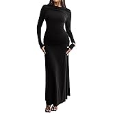 Sexyshine Women's Crew Neck Ruched Bodycon Maxi Dress Long Sleeve Slim Fit Elegant Flared Evening Cocktail Party Dresses