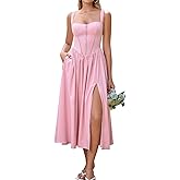 KUTUMAI Floral Corset Midi Dress Flowy Slit Summer Spring Wedding Guest Dresses for Women Sundress with Pockets