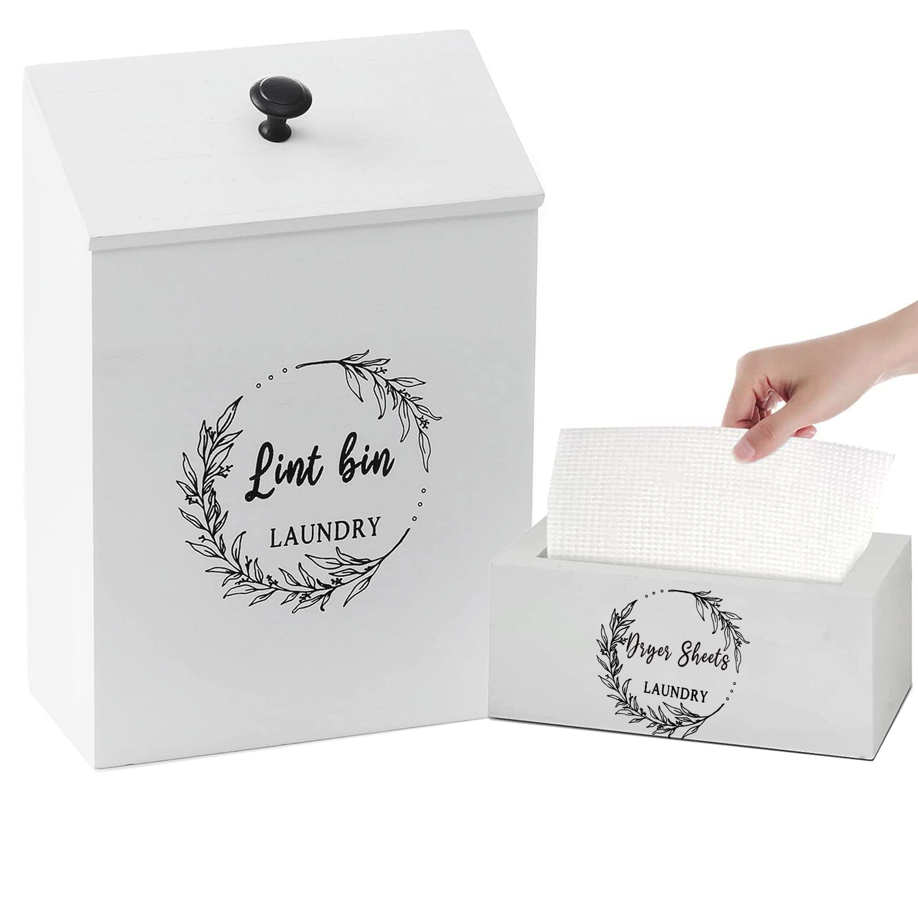 Photo 1 of Magnetic Lint Bin and Dryer Sheet Holder Set for Laundry Room, Farmhouse Wooden Lint Trash Can with Lid and Dryer Sheet Dispenser Box Magnetic for Mounting on Dryer,Stylish Laundry Room Organiz(White)