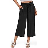UEU Women's Linen Capris Wide Leg Ruffle High Waisted Pants Casual Drawstring Summer Loose Capri Pants with Pockets