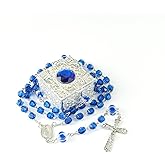 WHLHMK Blue Crystal Rosary Beads for Women With Vintage Jewelry Box, Catholic Necklace With Metal Gift Box, First Communion for Anglican Prayer Beads Catholic Gifts