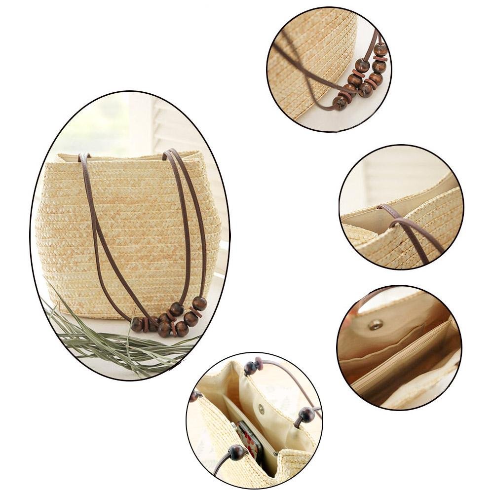 vodool women beach rattan woven tote bag summer bead travel straw shoulder handbag