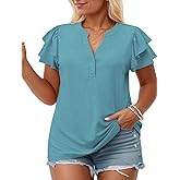 VISLILY Plus-Size-Summer-Tops for Women Cute Ruffle Short Sleeve T Shirts Notched V-Neck Tunics Button Down Blouses XL-5XL
