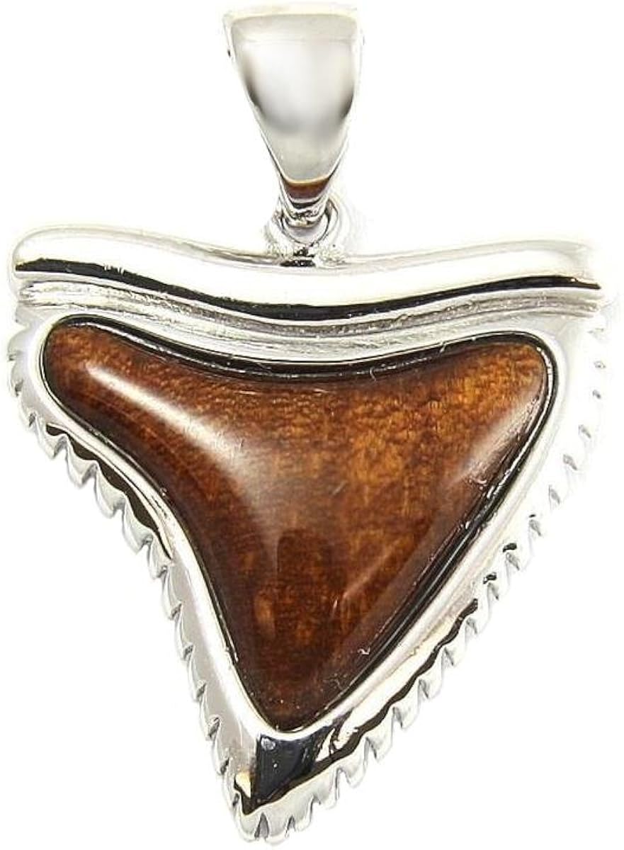 Arthur's Jewelry Genuine Inlay Hawaiian koa Wood Shark Tooth Pendant 21mm Sterling Silver 925