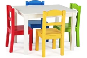 Humble Crew Kids Wooden Table and 4 Chairs Set, White/Primary - Kids Table and Chair Set for Toddlers and Children for Arts, 