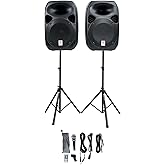 Rockville RPG122K Pair 12" 1000W Powered Speakers, Bluetooth, Wired Mic, Speaker Stands, Cables, Built-in Mixer, TWS Linking, for DJs, Karaoke, Events