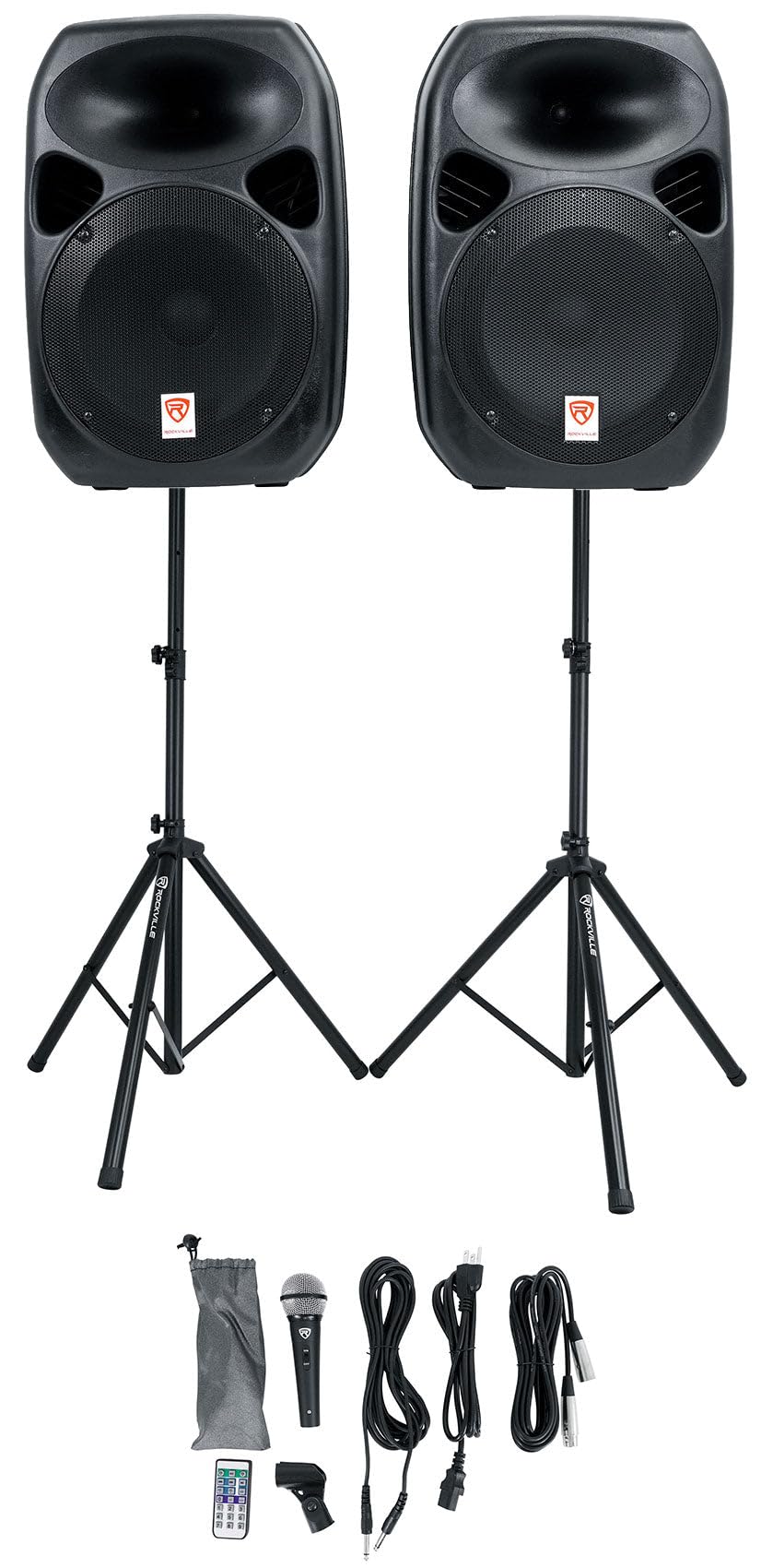 Photo 1 of Rockville RPG122K Pair 12" 1000W Powered Speakers, Bluetooth, Wired Mic, Speaker Stands, Cables, Built-in Mixer, TWS Linking, for DJs, Karaoke, Events
