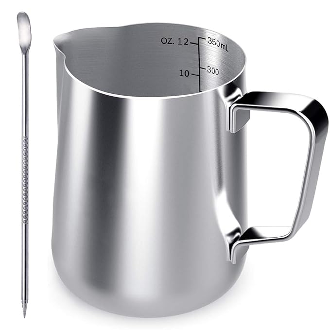 Milchkännchen,DINGHENG Milk Pitcher 350ml / 12 fl.oz. Milchkanne aus Edelstahl Milch Aufschäumen Krug Art Aufschäumkännchen? 