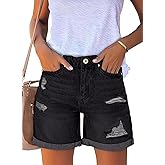 Necooer Women Jean Shorts Ripped Casual Summer Fashion Stretchy Classic Folded Hem Denim Shorts