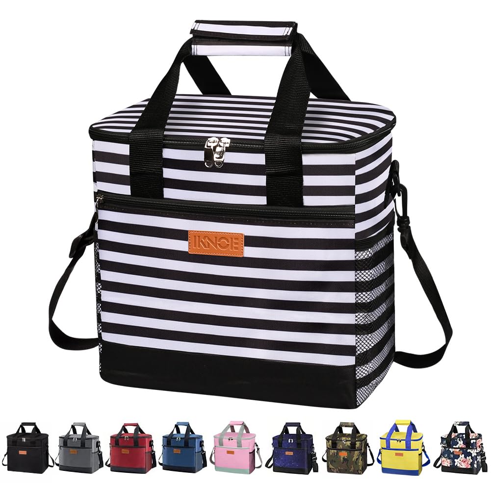 Iknoe Large Cooler Bag Collapsible 24 Can Insulated Bags Leakproof Lunch Cooler Tote with Multi-Pockets for Adult Insulated Thermal Bag for Beach, Picnic, Office Work(Stripe)