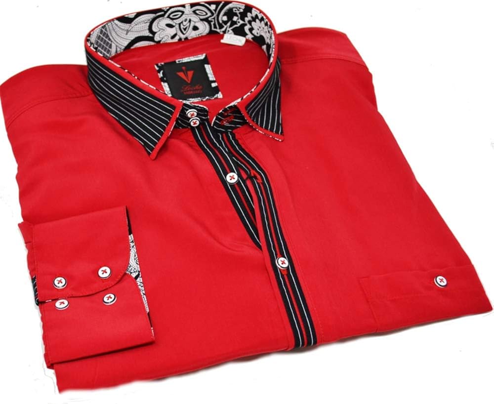 Leché Designerhemd in Rot mit schwarz gestreifter Knopfleiste (S