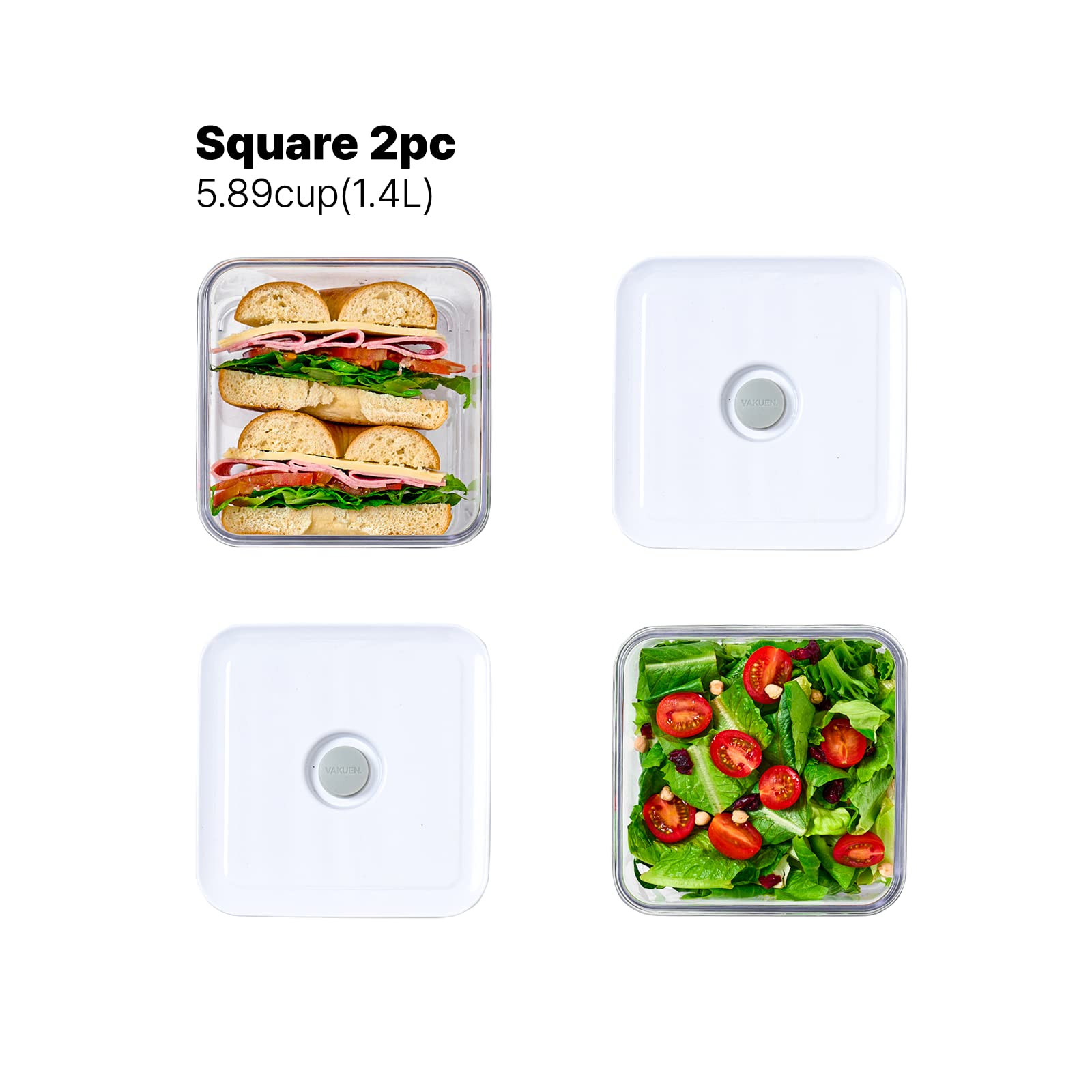 Premium Airtight Food Storage Containers, Square 2PC/Set(1.48qt/1.4Lx2pcs), Smart One-Click Seal Lid, No Hinges, 100% Leak Proof, BPA-FREE, Dishwasher, Freezer & Microwave Safe