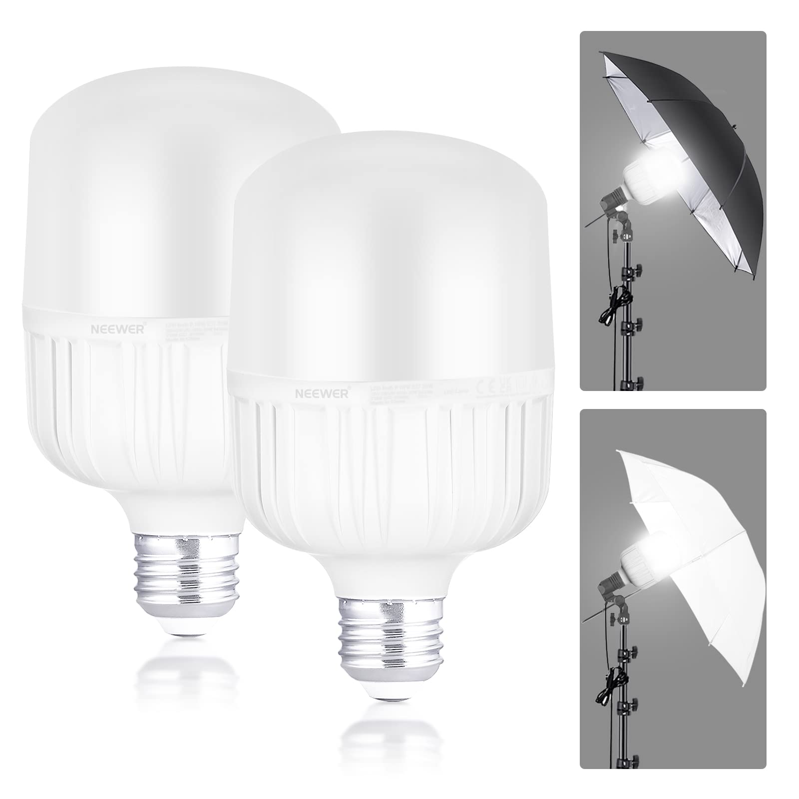 Neewer E27 35W LED Light Bulbs, 2 Packs, 3450 Lumens/5700K/CRI 93+/15000h Lifespan, Bright Video Photography Lighting, Silent/No Flicker/Non Dimmable 350W Incandescent Equivalent