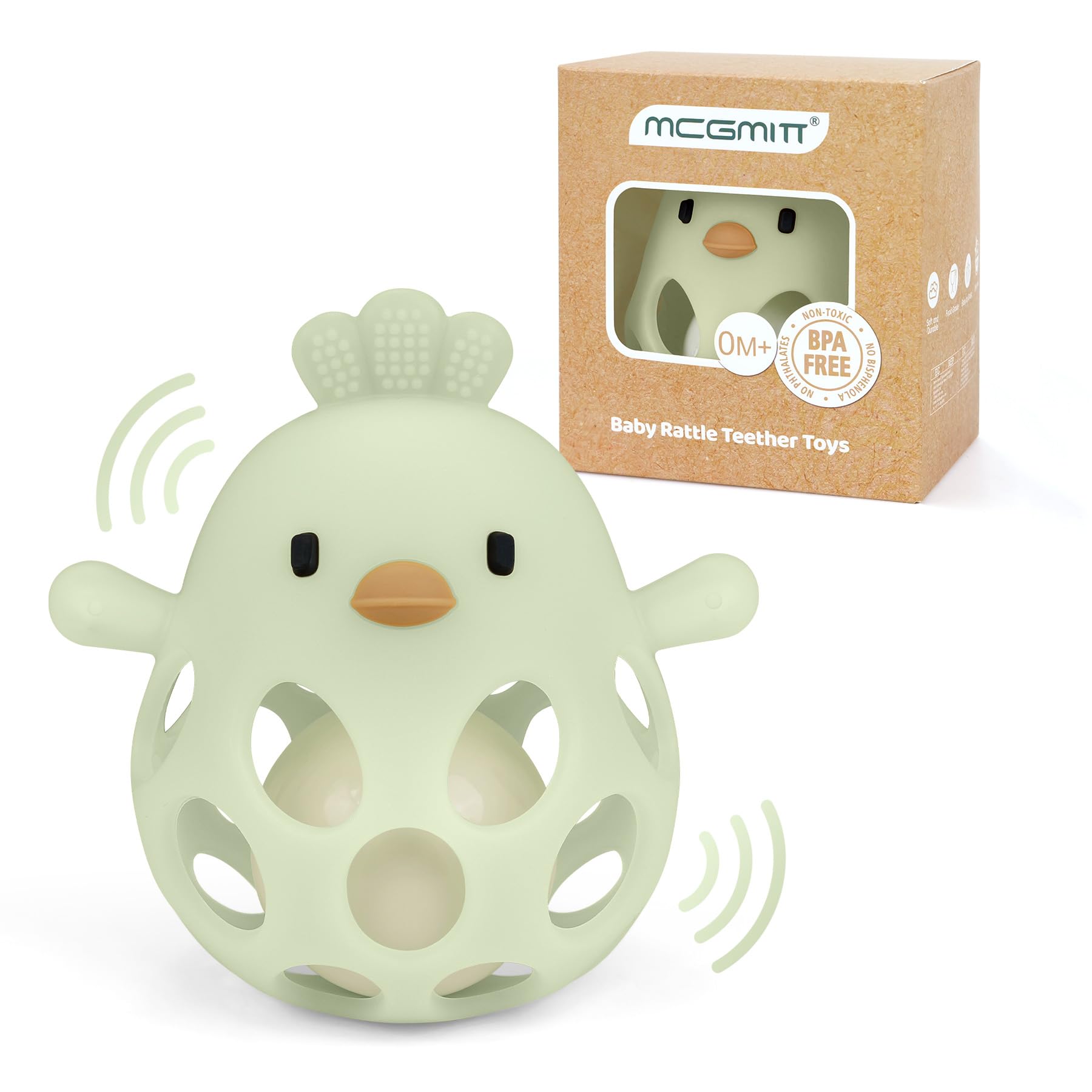 MCGMITT Silicone Teether Grasping Toy with Rattle – Flexible Chicken Shaped BPA-Free Rattle Ball Easy to Hold New Infant Montessori Teething Toy for Babies Aged 3–18 Months Gift for boys/girls – Green