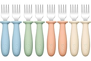 DRKIO 8 Pieces Toddler Forks Set - Baby Forks with Silicone Handle Children safe 18/8 Stainless Steel Toddler Utensils Set for Self Feeding Kids Silverware Anti-Choke Design Food Grade Dishwasher Safe