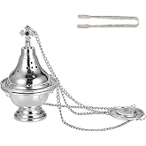 JUXYES Vintage Hanging Charcoal Incense Resin Burner with Chain and Tongs | Metal Censer Antique Frankincense Insence Burner Holder Spiritual Aromatherapy Meditation Retro Home Decoration, Silver