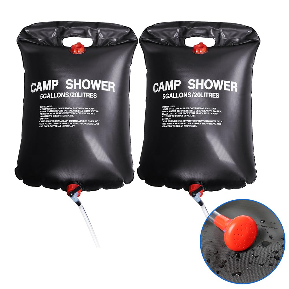 TRIXES 20 LTR Camping Shower x2 - Portable Solar Heated 5 Gallon/ 20 Litre Travel Showers – Two Portable Showers for Fishing, Camping, Hiking, Outdoor Shower – Black