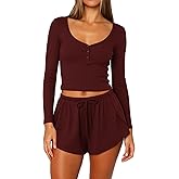 Coloquin Women Sexy Pajama Set Long Sleeve Henley Crop Top and Split Shorts Pjs Lounge Set Sleepwear