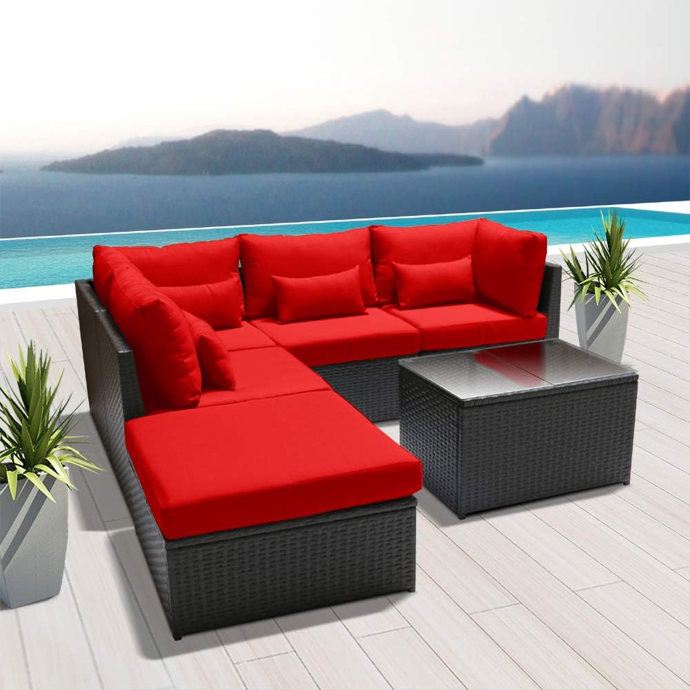 DINELI Outdoor Sectional Sofa Patio Furniture Wicker Conversation Espresso Brown Rattan Sofa Set H6 (red)