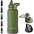 RUBYFLASK 32oz Insulated Water Bottle with Straw, Stainless Steel Metal Vacuum Water Flask, Large Thermos Water bottle with Leakproof 3 Lids for Travel, Camping, Gym Sports Armygreen