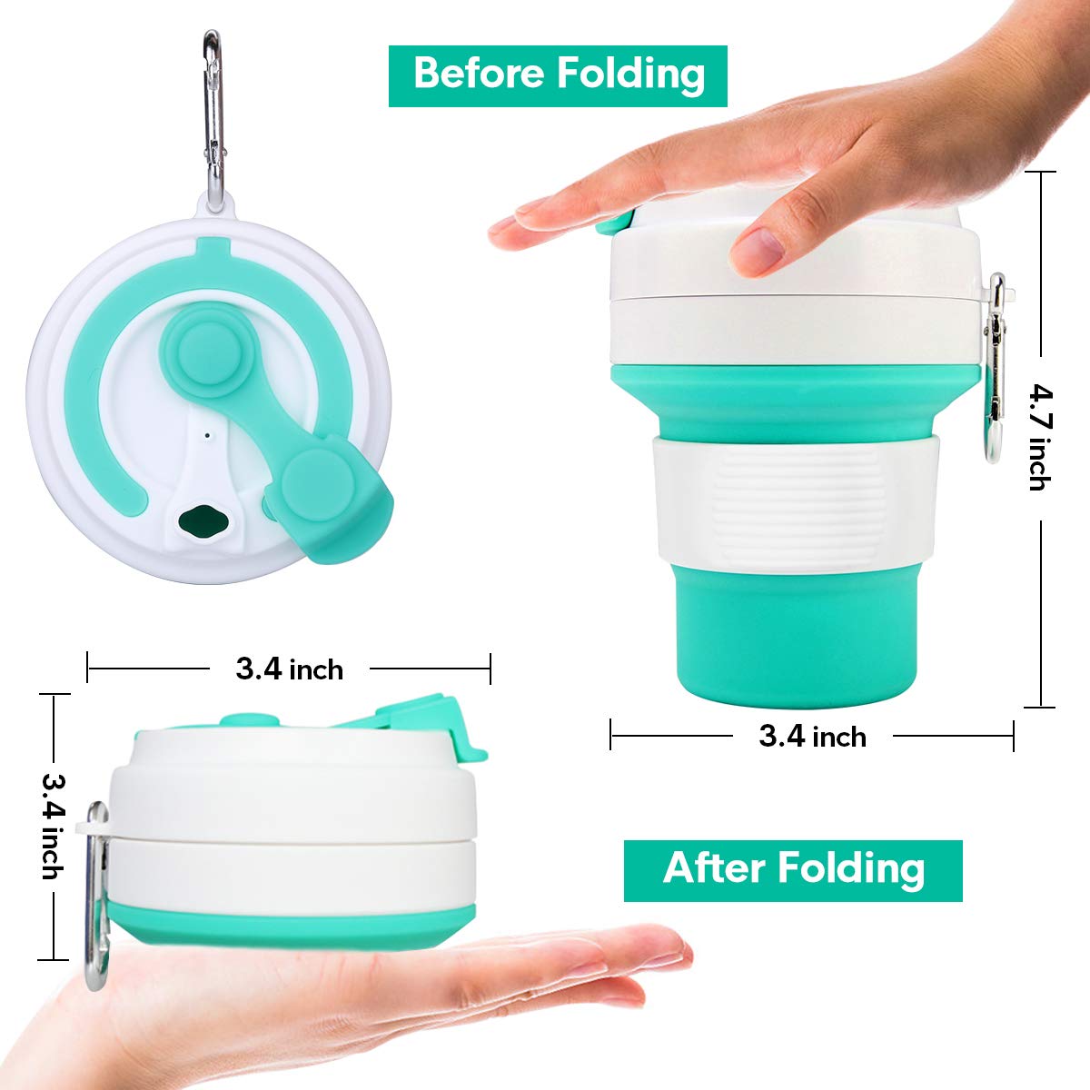 Idealife Collapsible Silicone Travel Cup Foldable Cup with Straw and Lid Folding Cup for Camping Travel Outdoor Office BPA Free 350ml/11.8oz (Green)