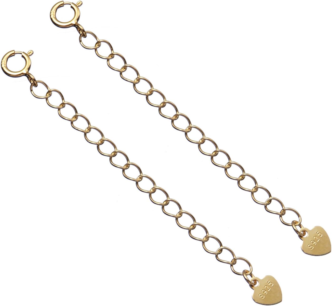 Sterling Silver Necklace Extender Chain, 2PCS 2" Removable and Adjustable Silver or 14k Gold Plated or Rose Gold Plated Set Extra Links to Extend Your Necklace Bracelet Anklet