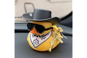 A Yellow Toy Duck,Wearing A Black Cowboy Hat and A Yellow Scarf,Carrying A Gun On Its Back. Auto Parts,Exterior Decorations,P
