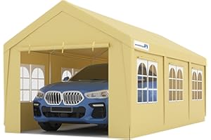 PEAKTOP OUTDOOR 10x20 ft Heavy Duty Carport Car Canopy with Removable Window Sidewalls, Portable Garage Tent Boat Shelter with Reinforced Triangular Beams, Beige
