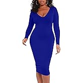 BORIFLORS Women's Sexy Bodycon Long Sleeve Deep V Neck Club Party Midi Pencil Dresses