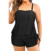 Tempt Me Plus Size Tankini Swimsuits for Women Bandeau Two Piece Bathing Suit Top with Shorts Blouson Swimwear