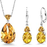 Gem Stone King 925 Sterling Silver Yellow Citrine Pendant Earrings Jewelry Set For Women (16.83 Cttw, Pear Shape 18X13MM, Gemstone November Birthstone, with 18 Inch Chain)