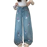 MEOKIM Women's Denim Pants Y2K Jeans Retro Embroidered Pattern Printed Loose Casual Jeans Straight Leg Pants
