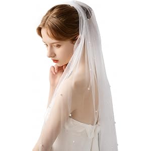 Ever Fairy 1 Tier Pearl Wedding Bridal Veil Fingertip Bridal Veil Tulle Veils with Comb for Brides and Women