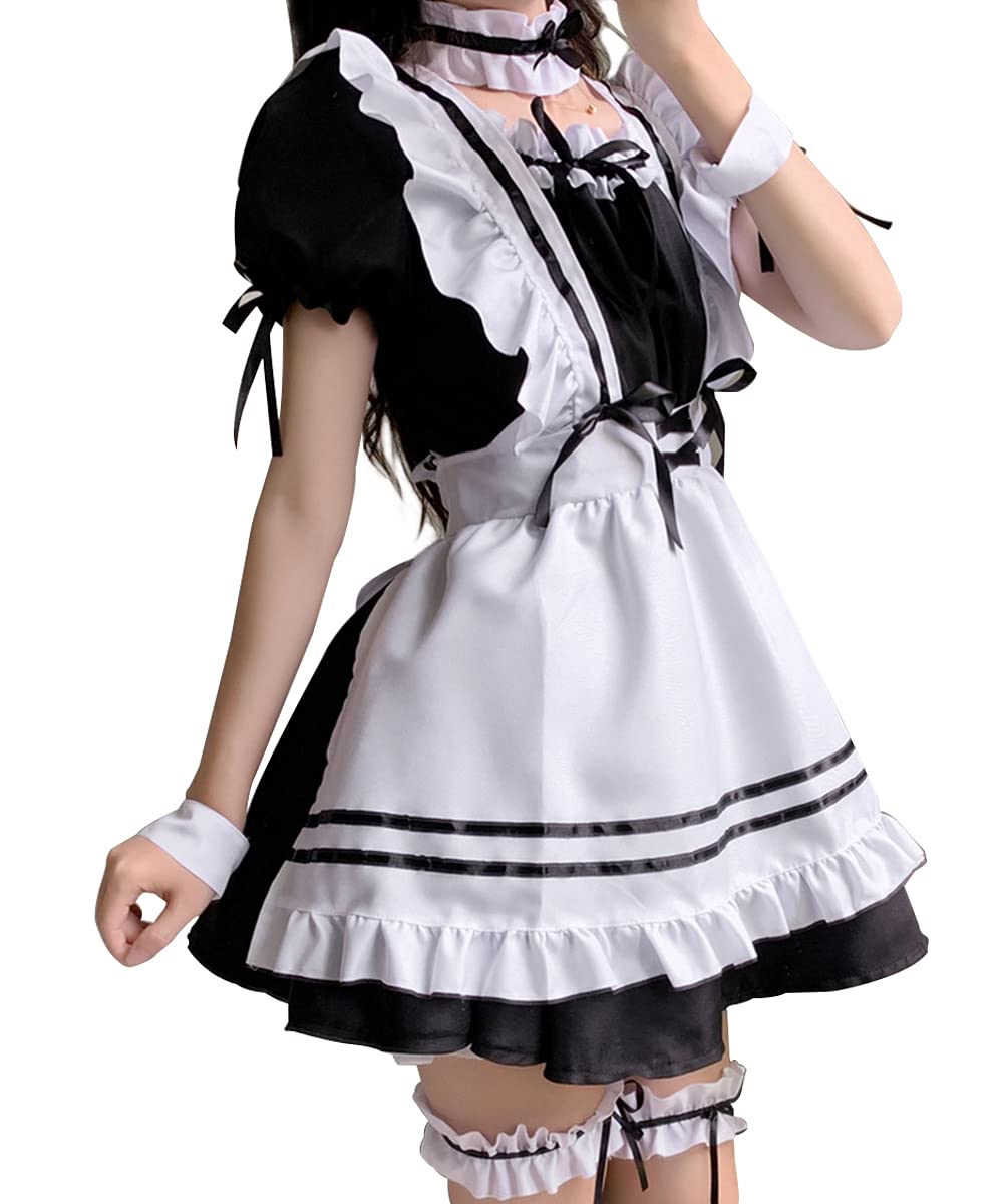 Aurueda Anime Cosplay French Maid Dress With Apron, Headgear, Leg Ring, Sleeve Ring