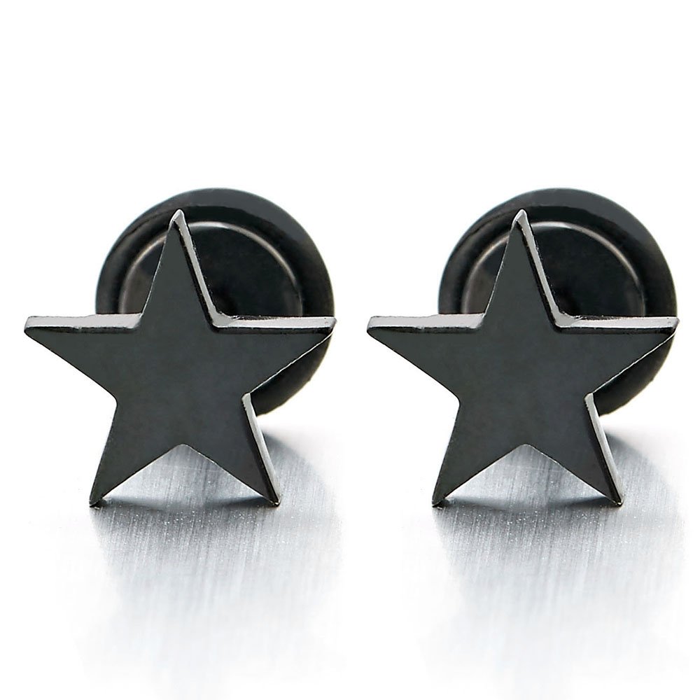 Pair Stainless Steel Black Plain Flat Star Stud Earrings for Man Boys Women, Screw Back, 2pcs