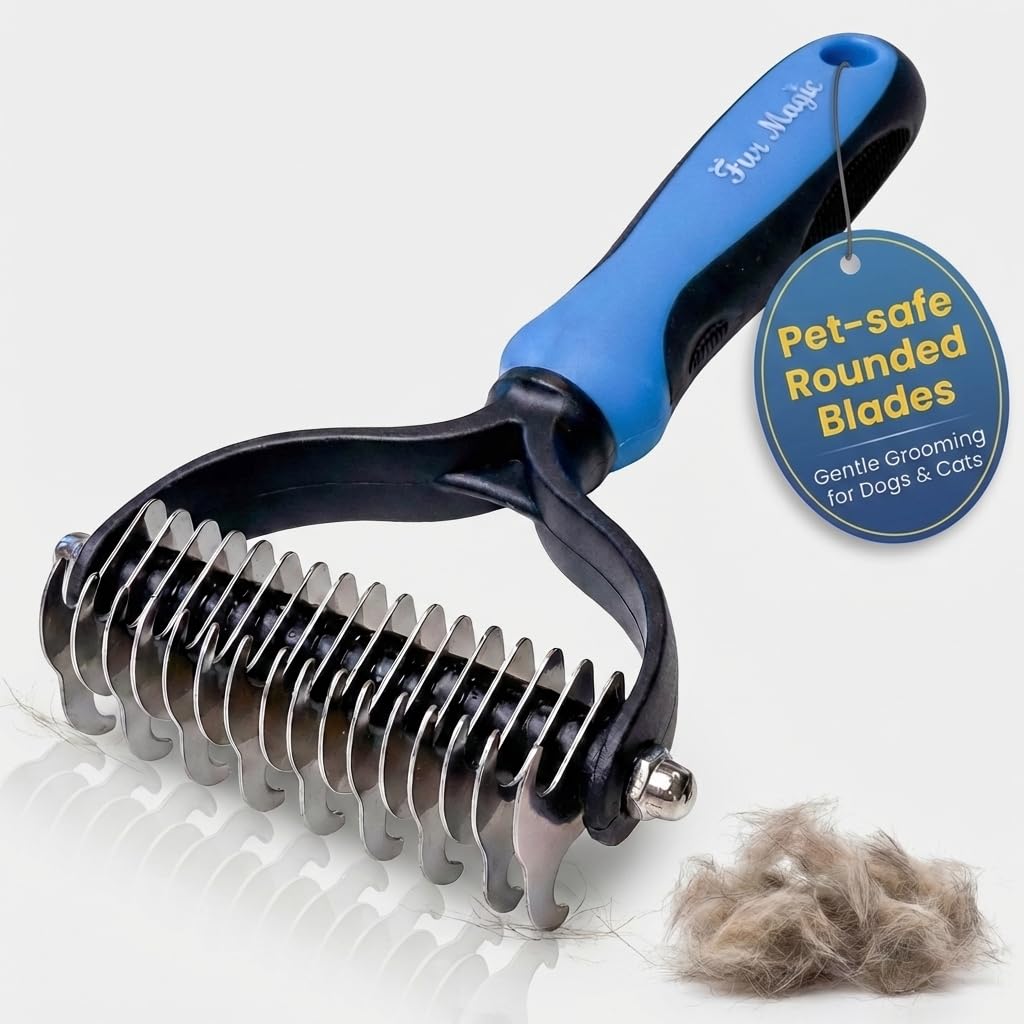 Fur Magic Dematting Comb for Dog & Cat – Pet Deshedding Tool for Removing Loose Undercoat, Knots, Mats – Dog Brush for Grooming – Dual Sided Undercoat Rake