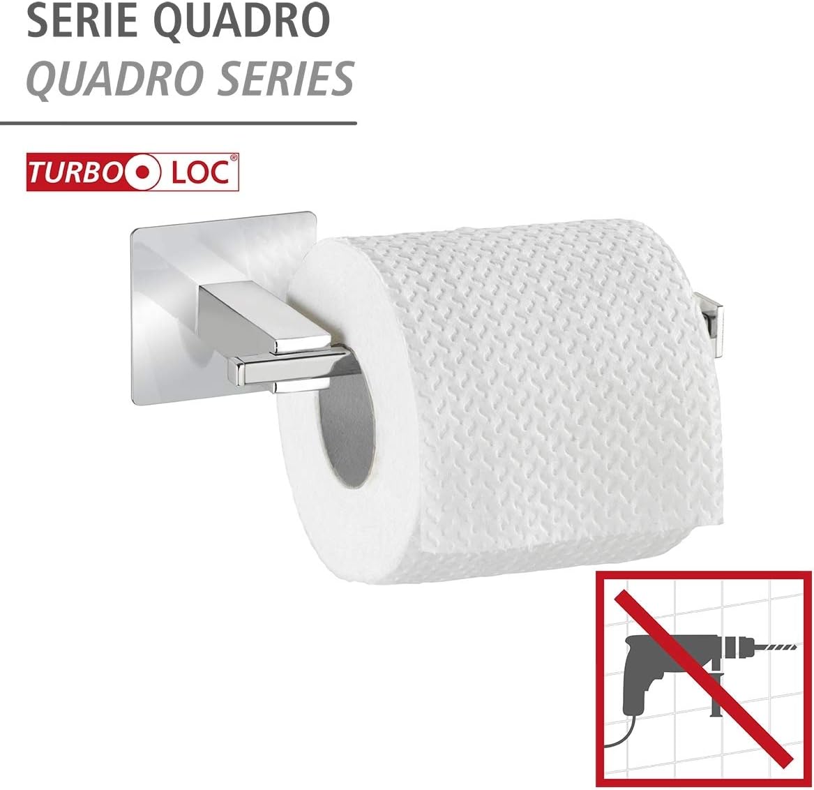 Wenko Turbo-Loc® Quadro Stainless Steel Toilet Roll Holder without Lid, No Drilling Required, Stainless Steel, Chrome, Silver - Image 3