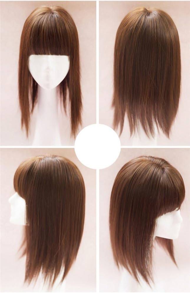 Remeehi 35cm Synthetic Seamless Hair Replacement Mono Hairpiece for Hair Loss Clip in Hair Topper with Flat Bangs Thin Light Brown - Image 3
