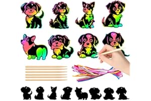 Buziba 48Pcs Animal Scratch Cards Cat and Dog Rainbow Color Birthday Party Favors DIY Hanging Decorations with Sticks and Rib