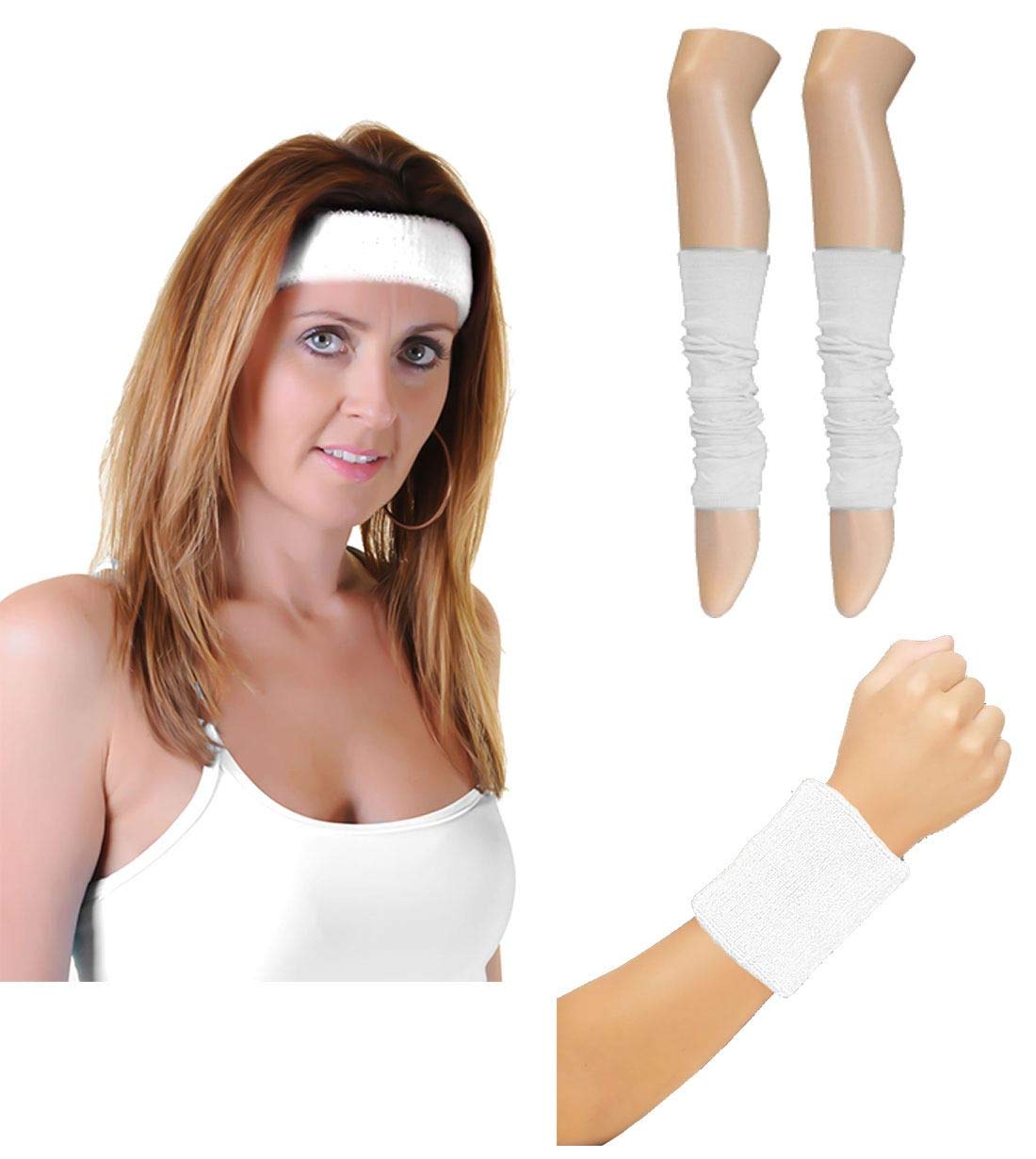 Womens Wristbands Headband And Legwarmers Set Ladies 80s Themed Party Sweatbands Fancy Dress Accessory White