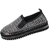 Women Soft Sole Moccasin Loafer with Rhinestone Embellished High Elastic Glitter Penny Shoe Plain Trendy Spring Flat