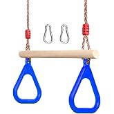 PELLOR Playground Children's Wooden Trapeze Swing Bar with Plastic Gym Rings Swing Set for Indoor &amp; Outdoor Fun