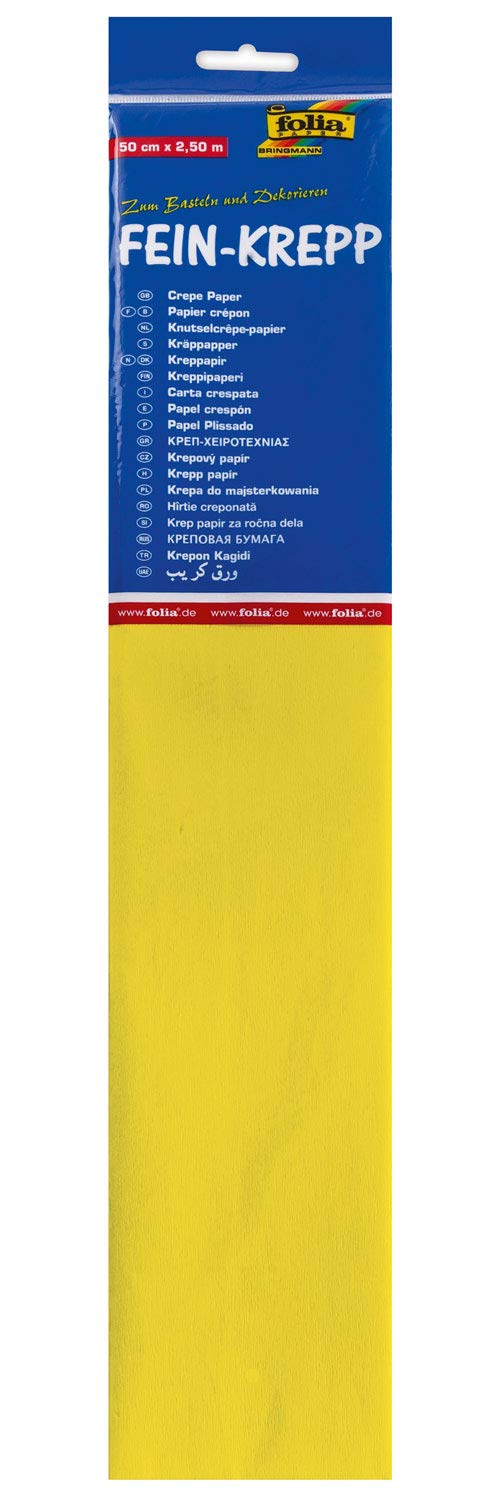 folia 822106-10 Crepe Paper, 10 Layers in Yellow, Each Layer Approx. 50 x 250 cm, 32 g/m², Very Elastic and Thin Paper, with an Uneven and Rough Surface