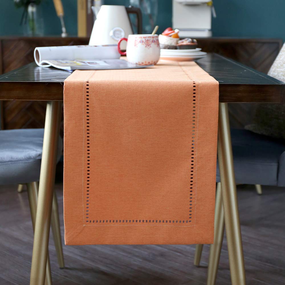 ARTABLE Exquisite Linen Fabric Exquisite Laser Cut Pattern Table Runner Beige Orange Green Coffee Color Grey Optional (Orange, 35x180cm)