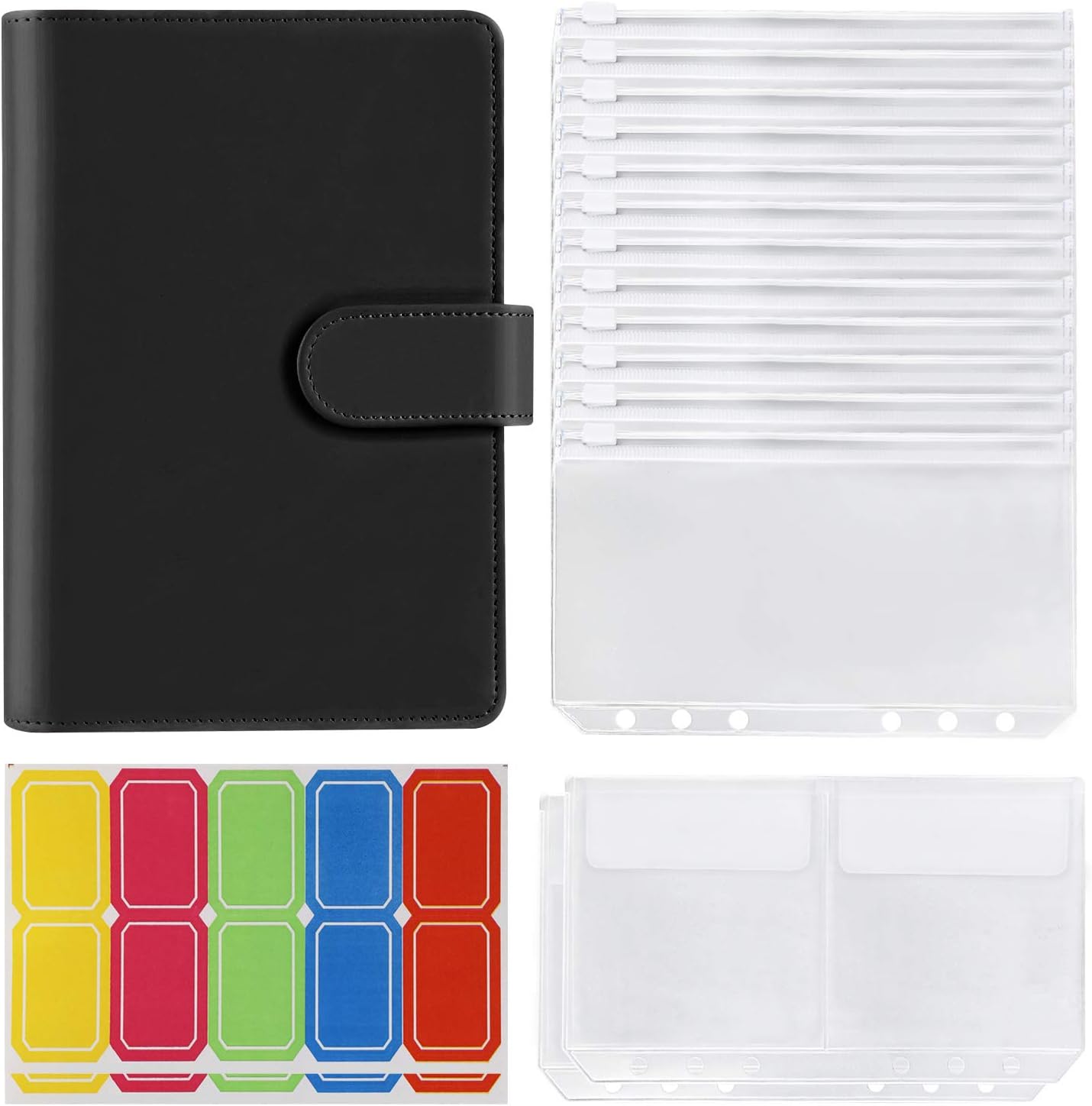 14Pcs Binder Pockets A6 with Leather Binder Cover, 6Ring Budget Binder