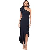 Xscape Women's One Shoulder Asymmetric Ruffle Hem Scuba Crepe Midi Dress, Black, 4